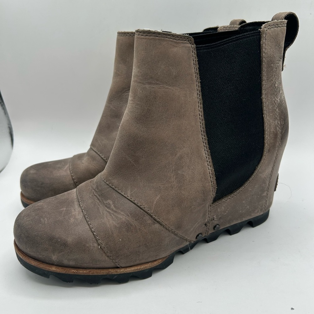 Sorel Lea Ankle Boots Wedge Heels Leather Pull On Gray Women's Size 7 US booties